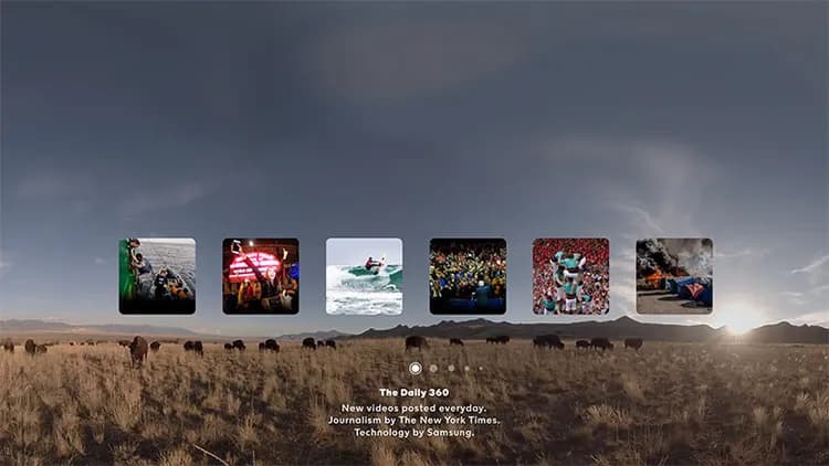 NYT VR's The Daily 360 menu in-headset: a row of story tiles floating over a 360° prairie at dusk, captioned 'Journalism by The New York Times. Technology by Samsung.'