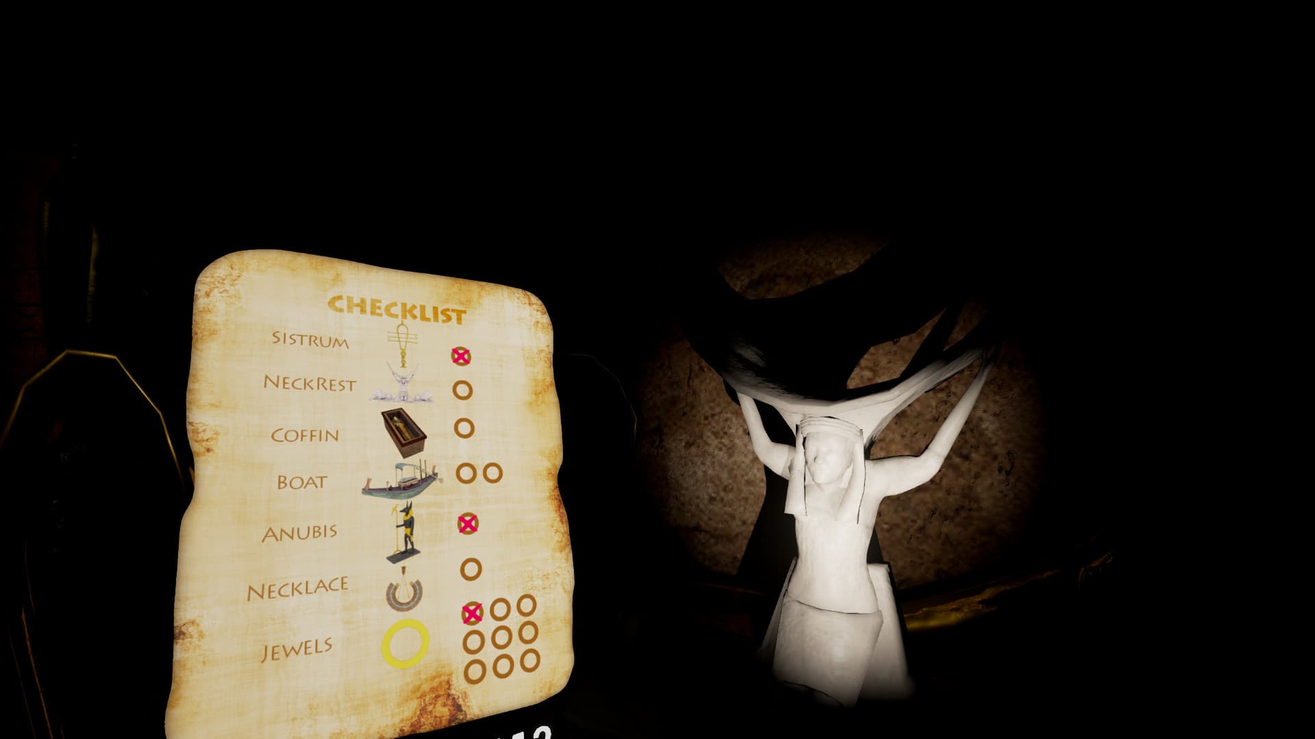 The in-headset artifact checklist on a papyrus scroll — sistrum, neck rest, coffin, boat, Anubis, necklace, jewels — beside a white statue held aloft in the dark tomb