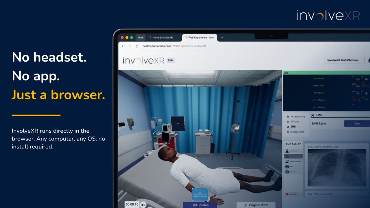 InvolveXR running in a web browser: a live clinical scenario with a patient in a hospital bed, next to a vitals monitor and an EMR panel — captioned 'No headset. No app. Just a browser.'