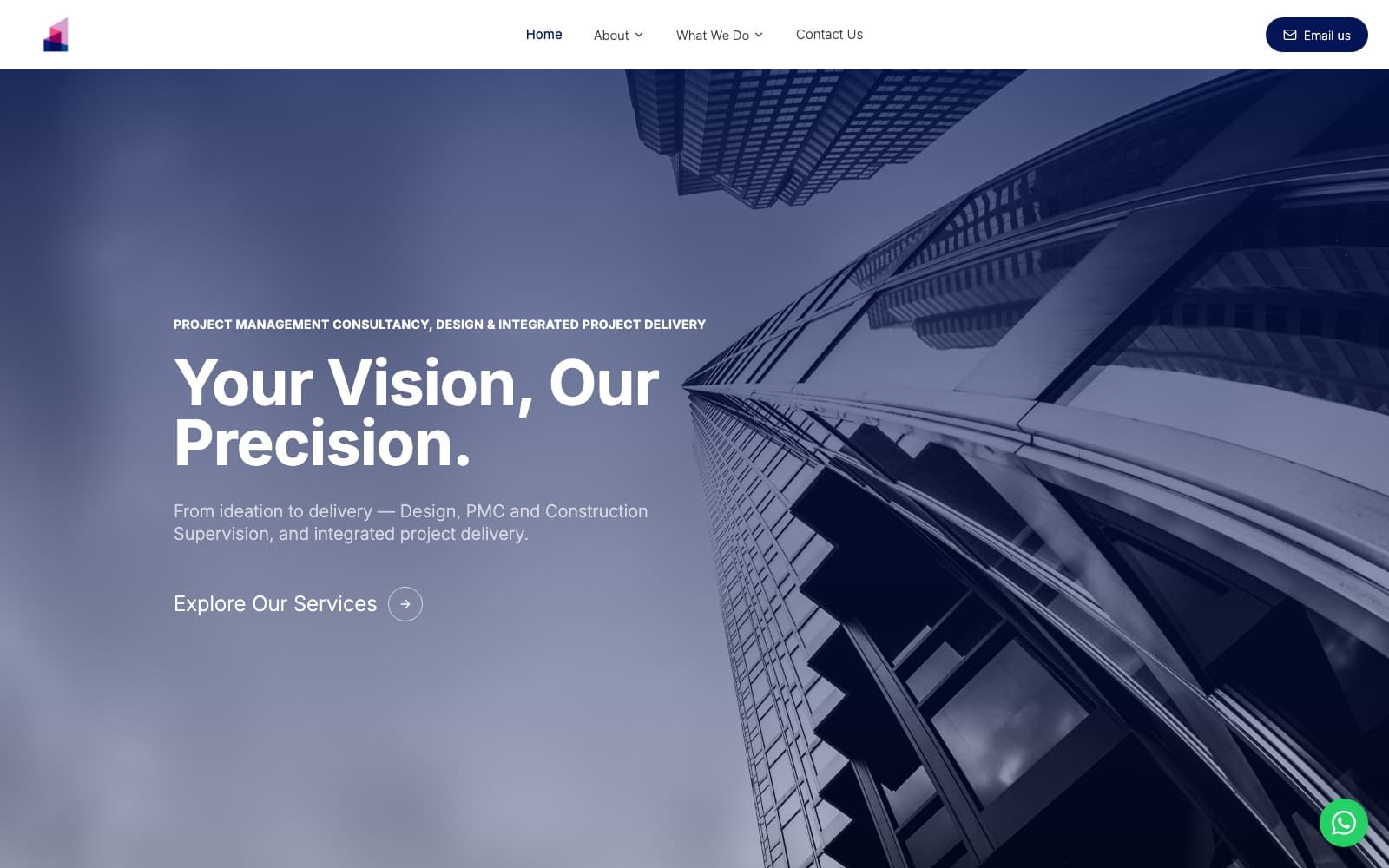 Terra Group homepage hero: skyscrapers seen from below behind the headline 'Your Vision, Our Precision.' and the line 'Project management consultancy, design & integrated project delivery'