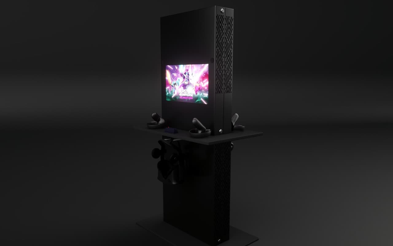 The Vusr Venue station: a slim black kiosk with game artwork glowing on its screen, controllers on the shelf, and a docked headset