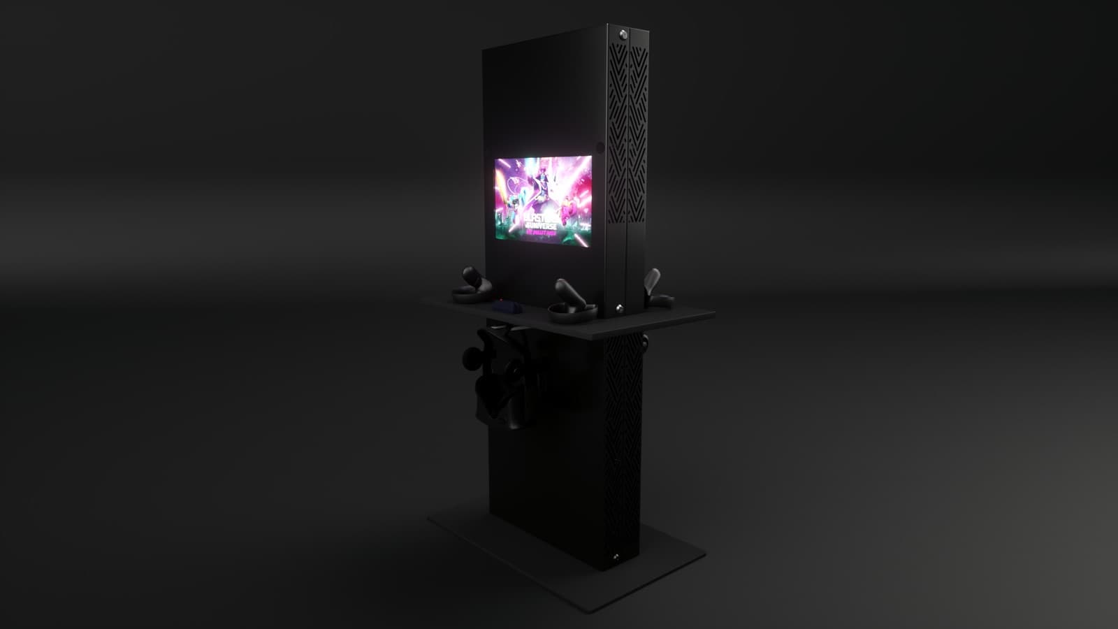 Product render of the shipping Vusr Venue station: a slim black cabinet with game artwork on its screen, controllers resting on the shelf, and a docked headset